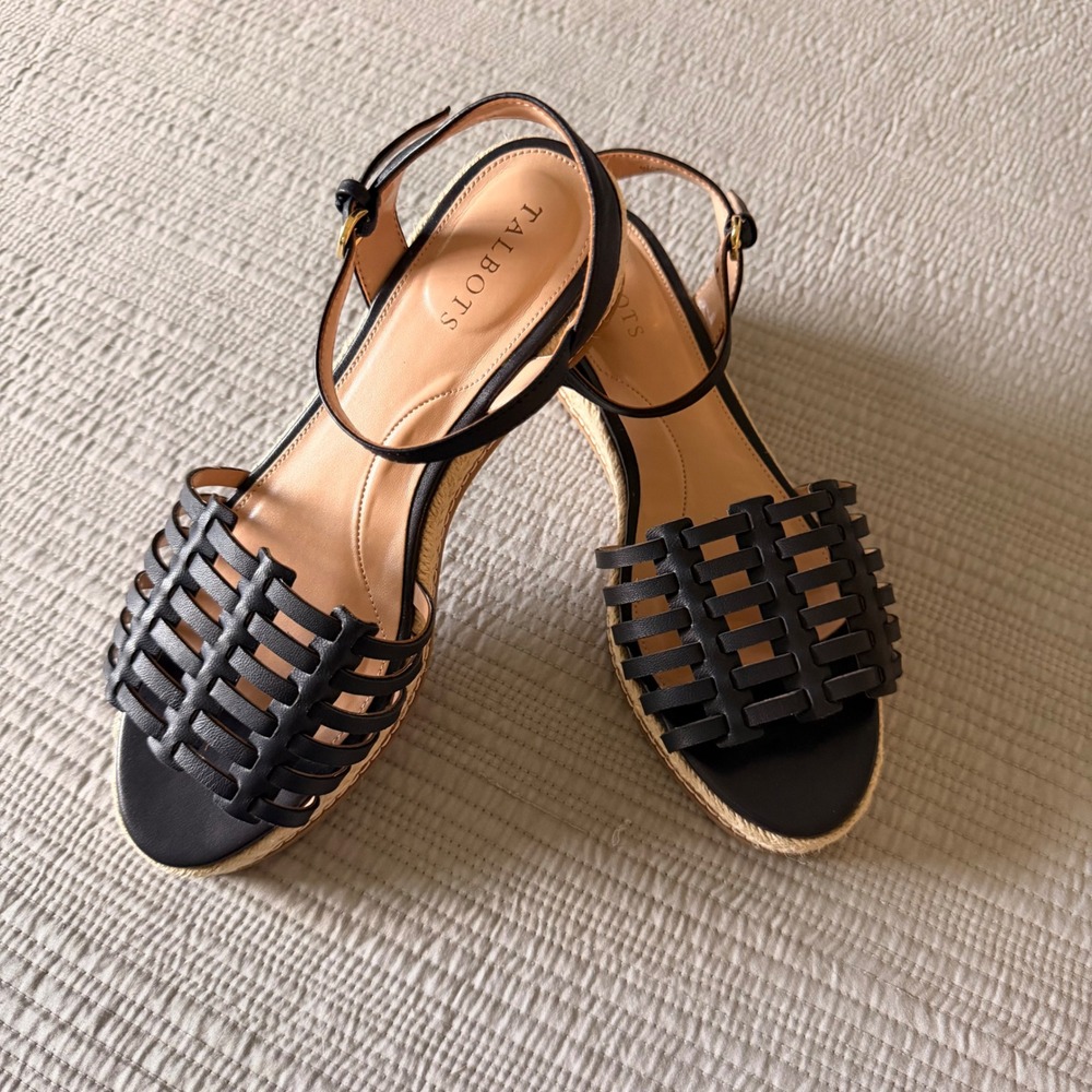 NEW Talbots Women Navy‎ Leather Woven Espadrille Wedge Sandals  7.5M Ankle Strap
